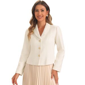 Tweed Lapel Collar Long Sleeves Blazer Jackets White